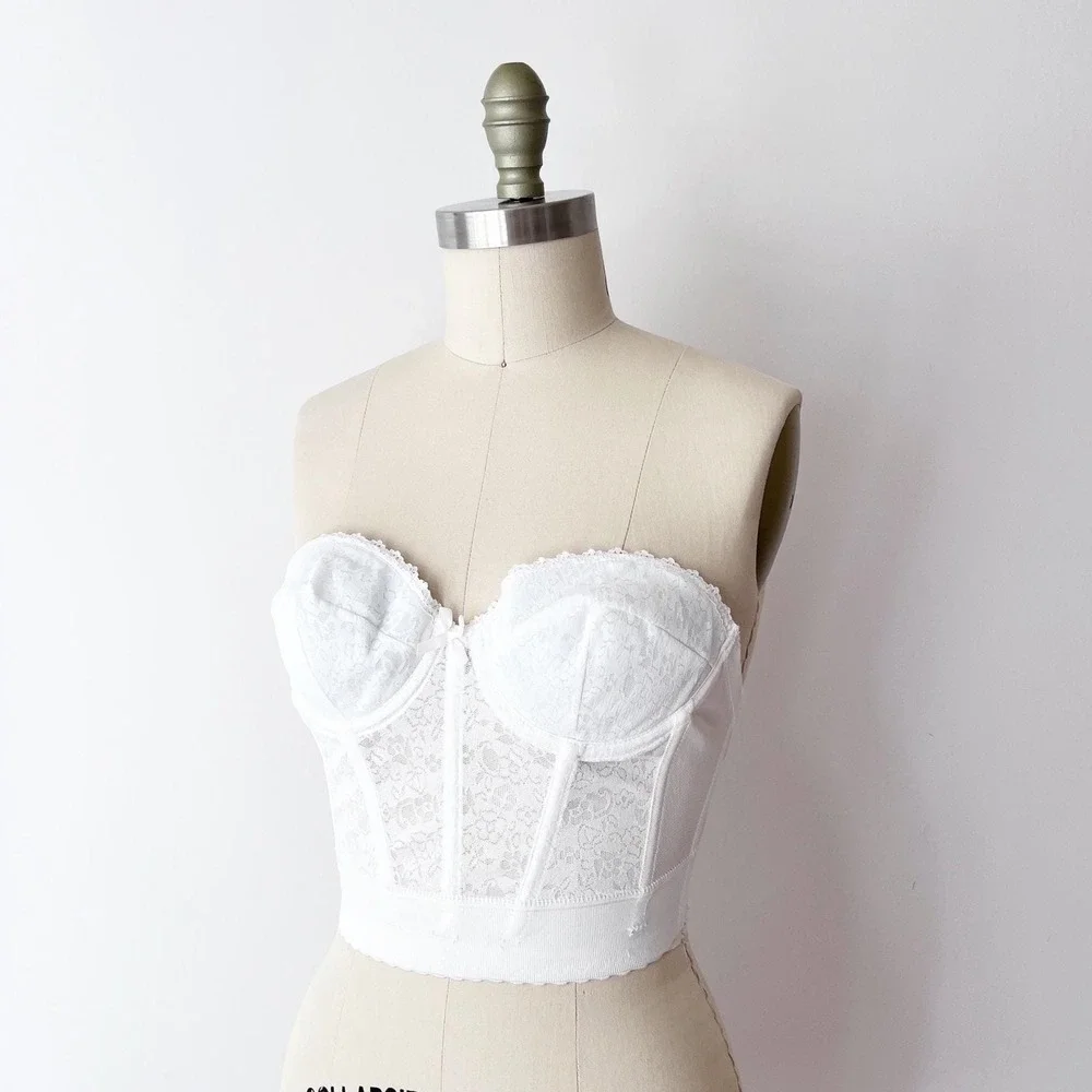 SIZE XS / S 36A Vintage Longline Corset Bustier White Lace Strapless‎ 1970s